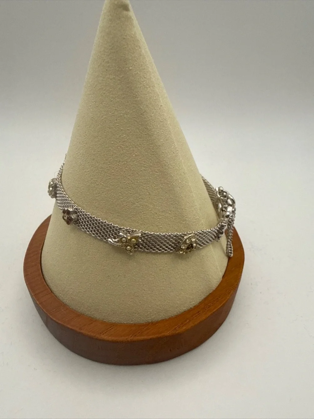 Goldette NY Charm Silver Tone Mesh Bracelet Vintage MCM Clear White & Red Stones